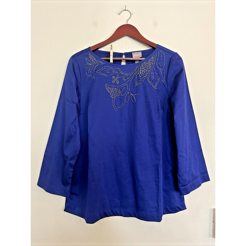 Chico's Blue Beaded Embellished 3/4 Wide Sleeve Cotton Blend Blouse SZ 1 M